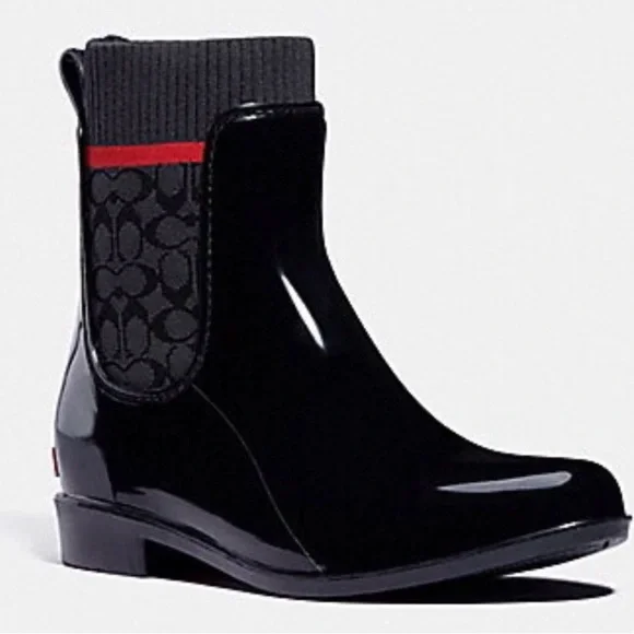Coach Black Patent Chelsea Boot with Signature Ankle Panel and Red Stripe - Picture 1 of 5